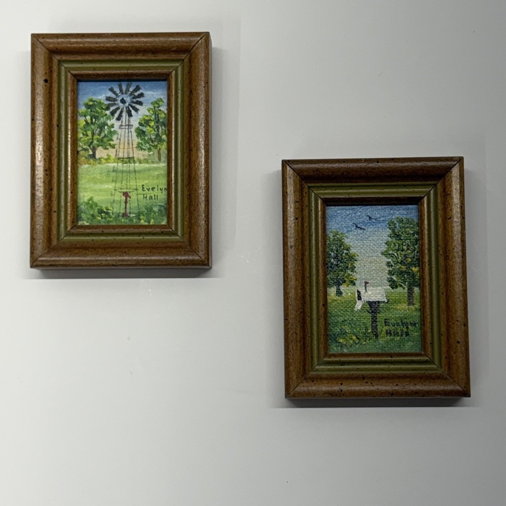 Vtg Evelyn Hall Mini Oil Painting Lot 2 Country Barn Windmill Folk Art Signed